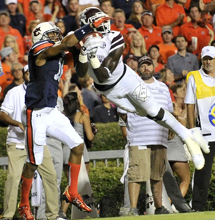 Mississippi State wide receiver De'Runnya Wilson (1) completes a pass defended by Auburn defensive back Carlton Davis (18) in the endzone for a touchdown during the first half Saturday, Sept. 26, 2015, at Jordan-Hare Stadium in Auburn, Ala. (Julie Bennett/jbennett@al.com) AL.COM