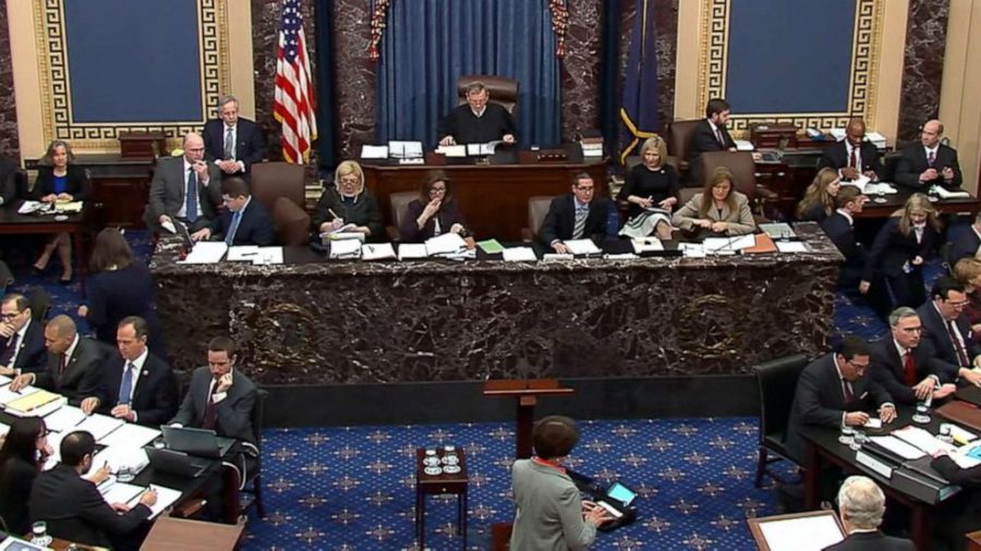 In this image from photo, the final vote total on the motion to subpoena and allow additional witnesses and documents, during the impeachment trial against President Donald Trump in the Senate at the U.S. Capitol in Washington, Friday, Jan. 31, 2020. The motion failed by a vote of 51-49.