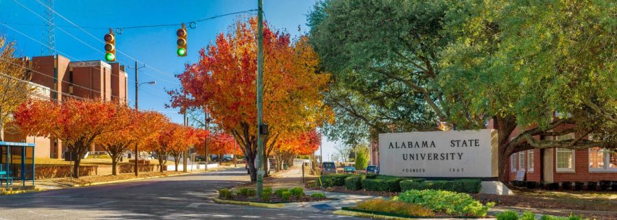 The Alabama State University marquee stands at the corner of South Jackson Street and North University Drive.