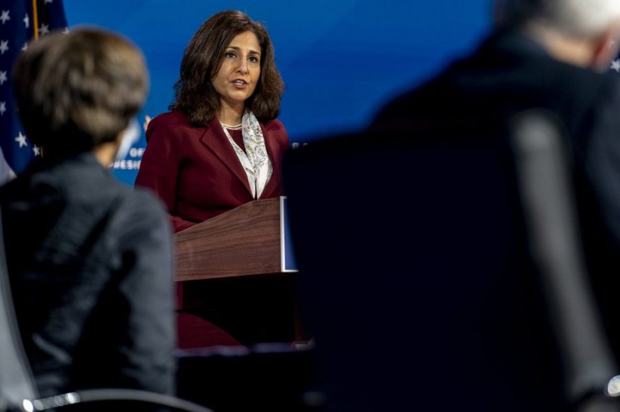 Neera Tanden who President-elect Joe Biden nominated to serve as Director of the Office of Management and Budget, speaks at The Queen theater, Tuesday, Dec. 1, 2020, in Wilmington, Del. President-elect Joe Biden’s Cabinet picks are quickly running into the political reality of a narrowly controlled Senate. (AP Photo/Andrew Harnik)