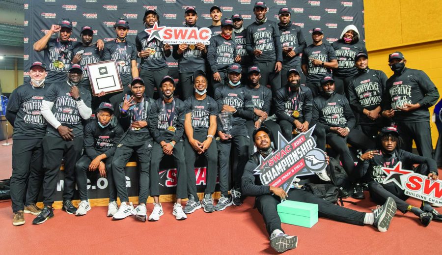 The Alabama State University Indoor Track and Field Championship Team took a moment to celebrate their victory after capturing the SWAC title for 2021 at the Birmingham Crossplex.