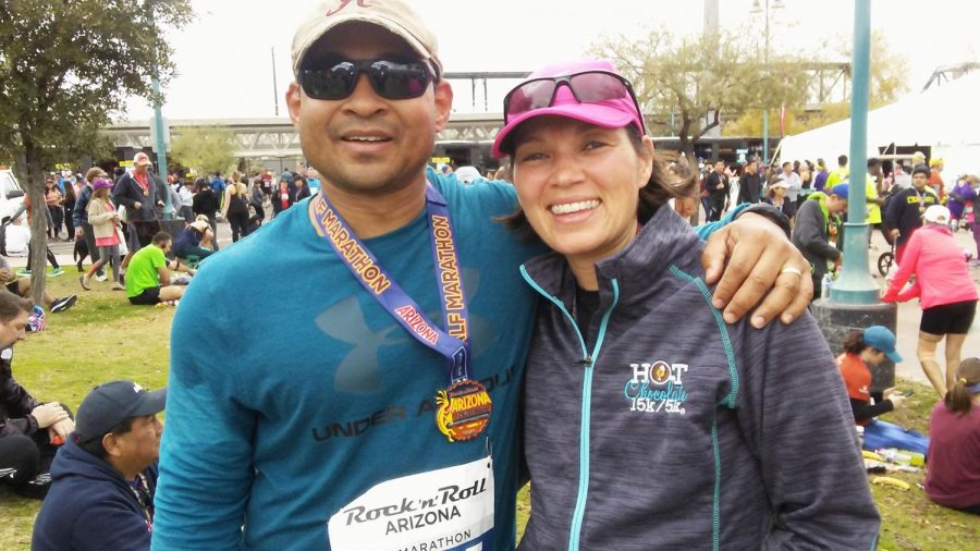 Alabama State University alumnus and Full Bird Colonel Scott Hall and his wife Rochelle take a minute from their entry into the Rock ‘n’ Roll Arizona Marathon to take a quick snapshot for memories.
