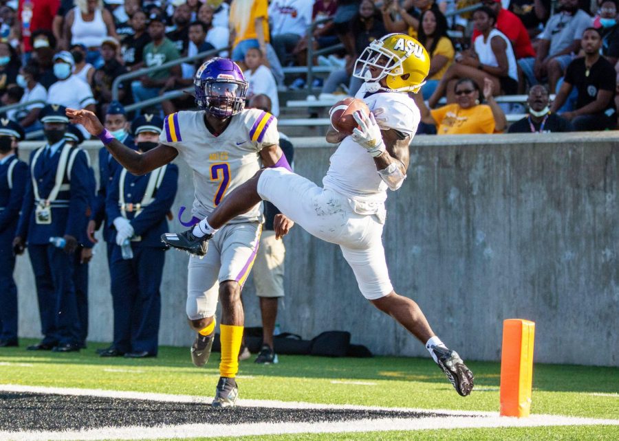 Alabama State University’s wide receiver Keron Jones (6) nearly catches an overthrown pass to the end zone as Miles College’s defensive back Rodney Coleman, Jr. (2) watches on September 04, 2021.