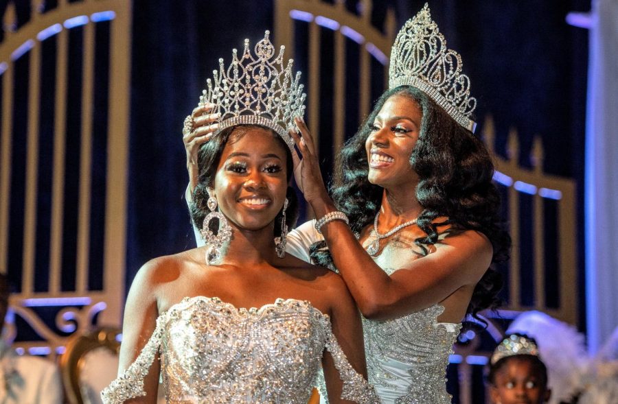 Kendra Angion, Miss Alabama State University is crowned by Yasmine Whitehurst, last year’s Miss Alabama State University.