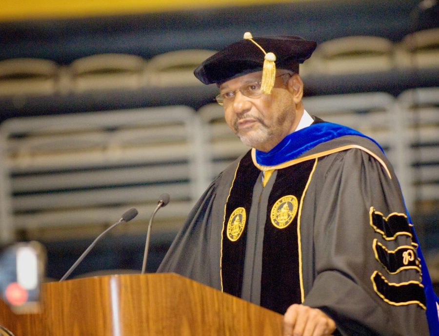 Former Executive Vice President and COO of Alabama State University John F. Knight, Jr., introduces the guest speaker during a Founders’ Day observance that was held in the Dunn-Oliver Acadome.
