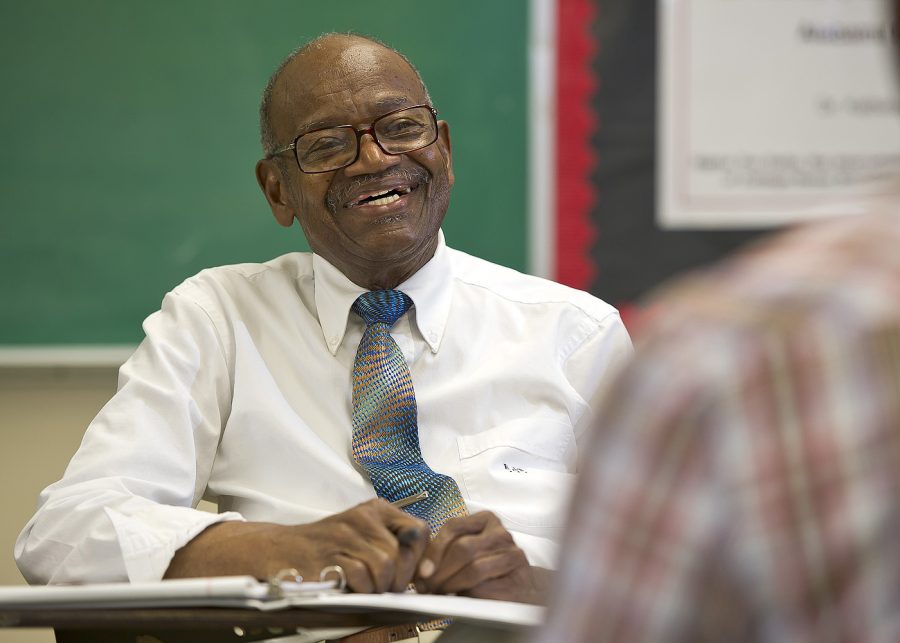 English professor Dr. Ralph J. Bryson smiles as he teaches class for the last time at Alabama State University, Tuesday, June 26, 2012. Bryson is retiring after 59 years of teaching at the university.

Photo by David Campbell/ASU