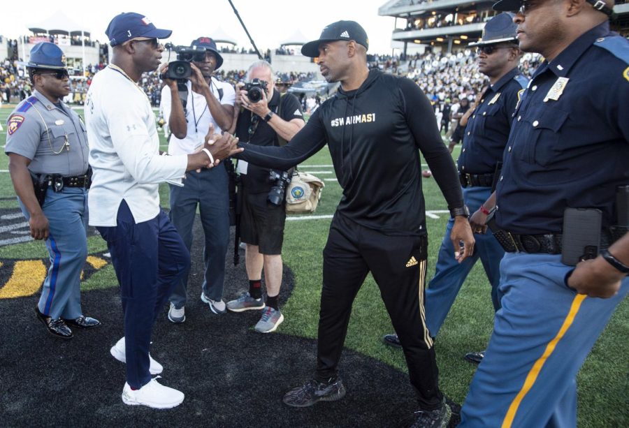 Immediately after the game between Jackson State University and Alabama State University, both coaches met midfield to offer congratulatory shakes for the contest.