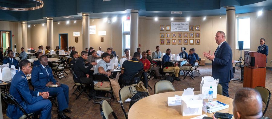 Officials from the U.S. Department of Defense conduct a workshop with university students during the “Taking the Pentagon to the People” summit held in the Great Hall of Teachers in Ralph Abernathy Hall.