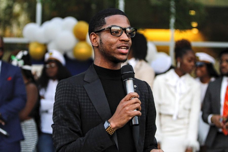 SGA Executive Treasurer Candidate O’Neil Moore makes his case for why he should be the next SGA treasurer during the ‘Meet the Candidates’ event that was held in the John Garrick Hardy Center Amphitheater.