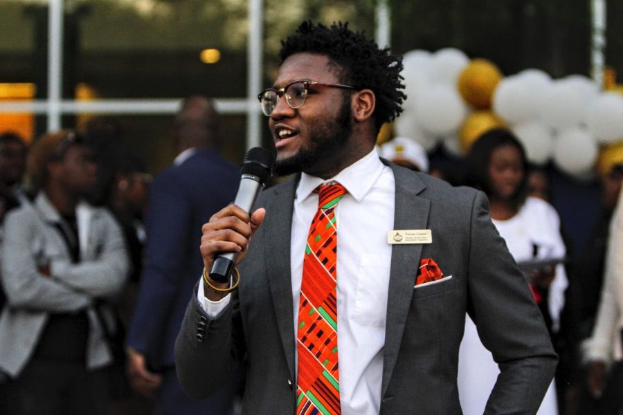 SGA Executive Treasurer Candidate Tre’von Conner makes his case for why he should be the next SGA treasurer during the ‘Meet the Candidates’ event that was held in the John Garrick Hardy Center Amphitheater.