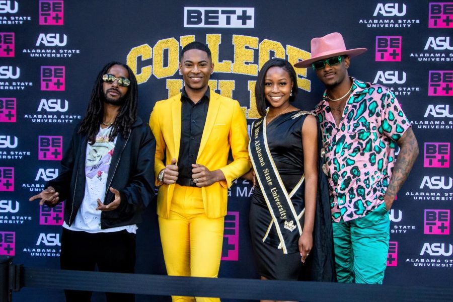 Immediately after the BET+ College Hill premier, the celebrities were able to walk the carpet along with some of the student leaders.  Pictured are (L-R) O’Ryan Brower, SGA Executive Vice President Trint Martinez, Miss ASU Aleah Robinson and Kwaylon Rogers. 