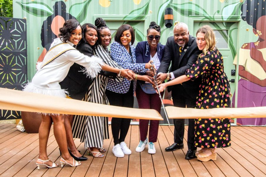 President Quinton T. Ross, Jr., Ed.D. is joined by actress, director and producer Taraji P. Henson, Brenda Brown Dillard, chairwoman of the university board of trustees; Joyce Loyd-Davis, Taryn Bird, Tracie Jenkins and Aleah Robinson, Miss Alabama State University 2022-23, as they cut the ribbon to the “She Care Wellness Pods” constructed on the campus behind Bessie Benson Hall.