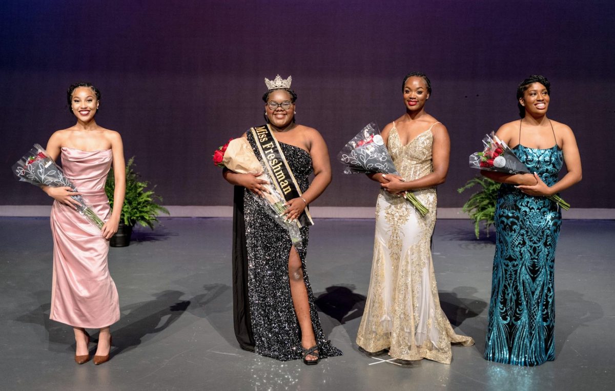 Miss Freshman Carrington Wilder Holsey is joined by contestants, Calandrea Carter, Amiracle Green and Jordyn Harris for an official photograph.  All four contestants competed in categories of spirit, talent, evening gown, and on-stage personality.