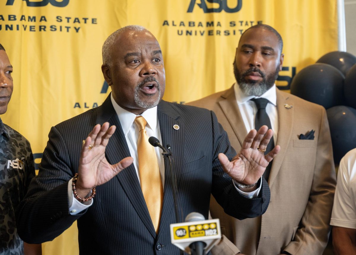 Alabama State University President Quinton T. Ross, Jr., Ed.D. announces the historic partnership between the university and the HBCU Golf Consortium during a press conference held in the John Garrick Hardy Center on Tuesday, Aug. 15, 2023 at 10:30 a.m.