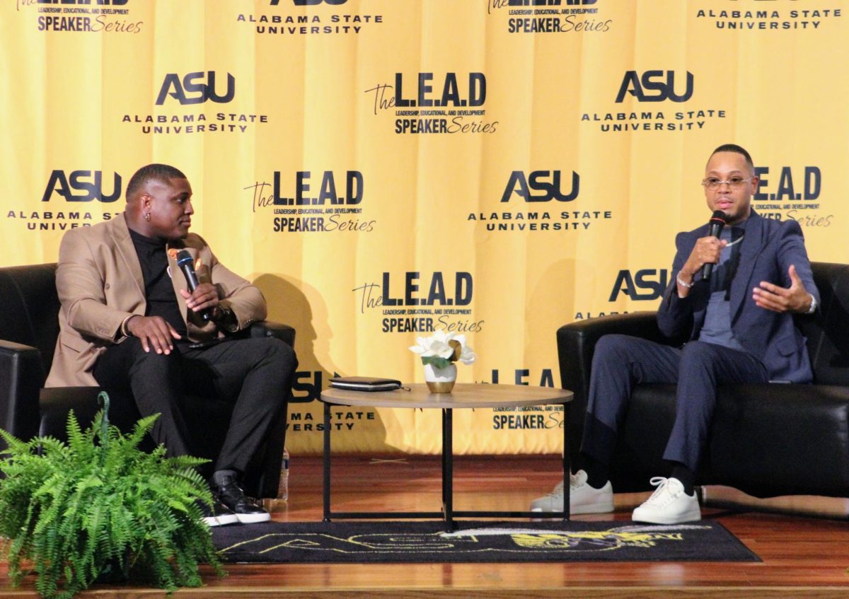 Terrence J. (right) recently visited the campus of Alabama State University to speak to students during the Leadership, Educational and Development Speaker Series.  He is interviewed by Roberto Earle Lynch (left), a senior double major in marketing and management.