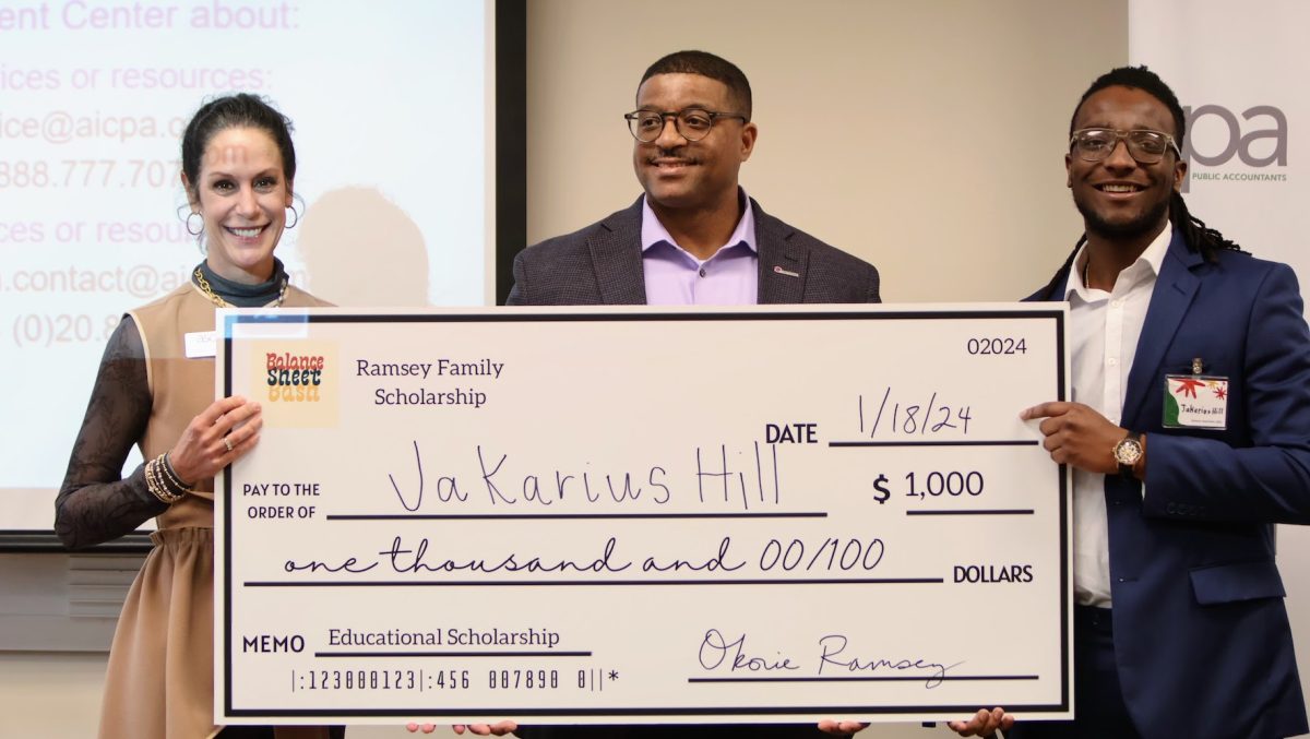 During the Balance Sheet Bash, students in the College of Business were awarded scholarships.  Pictured above is JaKarius Hill who received $1,000 to assist him with his educational needs.
