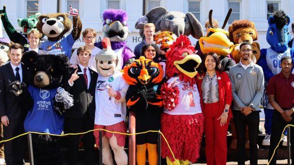 SGA presidents from the various colleges and universities in Alabama stand along with their respective mascots during Higher Education Day activities.