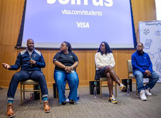 The four VISA panelists encouraged students to take steps to navigate their professional journey.  The alumni who returned are Eugene Griffin ‘19, Tyrone Welch ‘08, Alicia Chaney Anderson ‘16, Senior Recruiter; and Rachine Francis ‘04.
