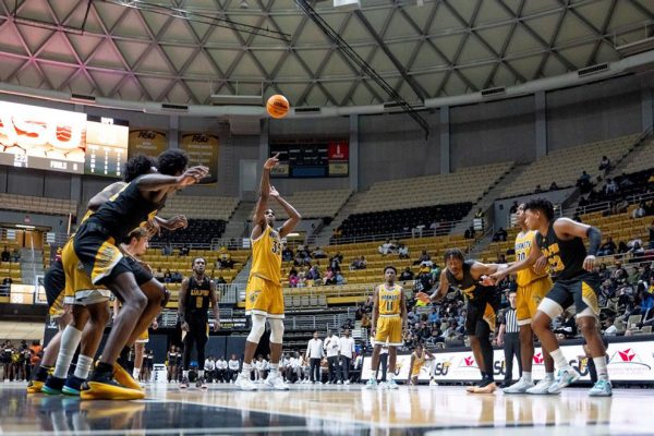 Alabama State University Hornets center Ubong Okon attempts a fre throw during the game between the Hornets and the University of Arkansas Pine Bluff Golden Lions in the Acadome on Feb. 17.
