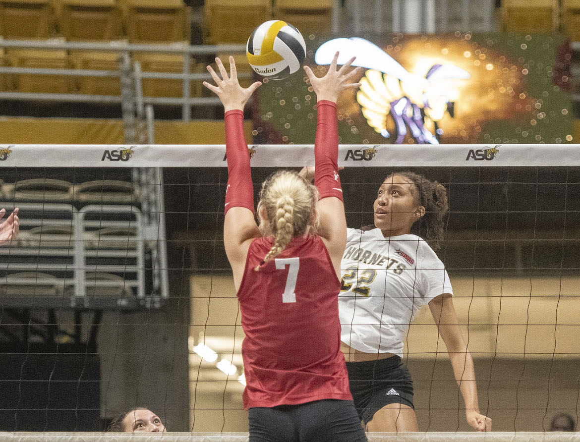 during volleyball action against the University of Alabama in the Dunn-Oliver Acadome on the campus of Alabama State University, Friday, Aug. 9, 2024.

Photo by Liyah Hogan/@liyahs_lights_/Alabama State University