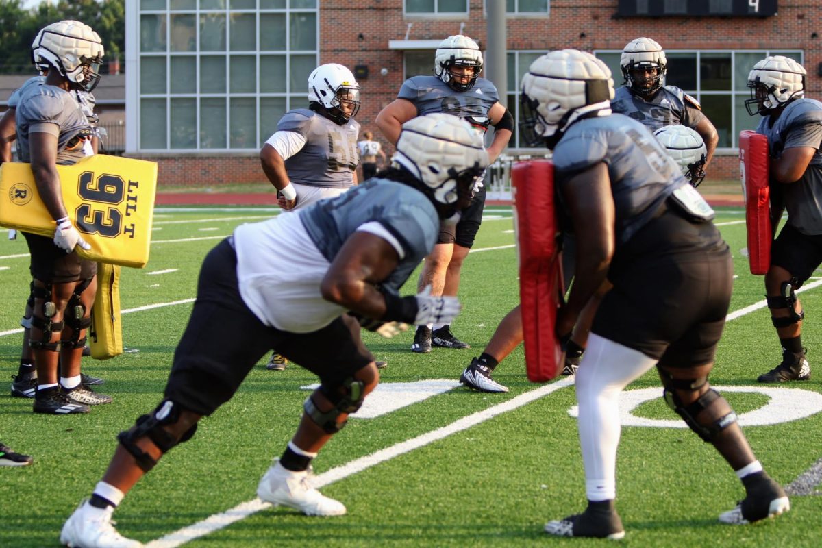 Alabama State University Hornets offense linemen work through fundamentals drills at practice at the Houston Markham Jr. Football Complex. Senior lineman was named to the preseason All-SWAC (Southwestern Atlantic Conference) first-team this offseason after a strong 2023 season. 