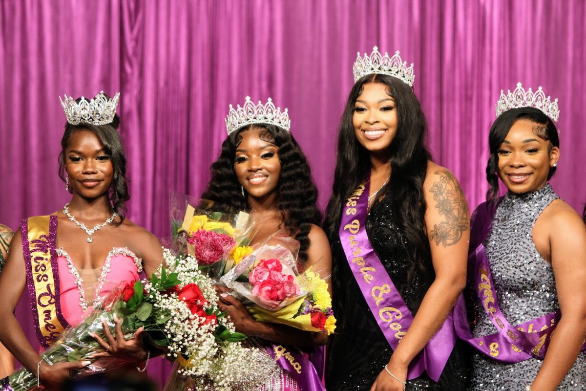 (L-R) Toimar Allen, Miss Omega Psi Phi, Lanasia Luster, Miss Gamma Sigma, Payton Watkins, Miss Purple and Gold, and Jordan Smith as Miss 1936.