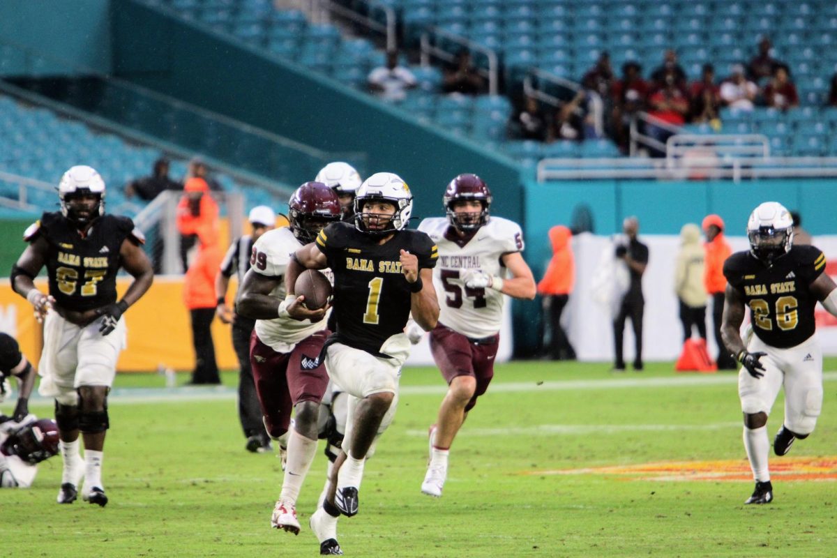 Alabama State University Hornets quarterback Andrew Body breaks free into the secondary for a huge gain. Body led the team in rushing yards and touchdowns with 134 yards and two touchdowns.