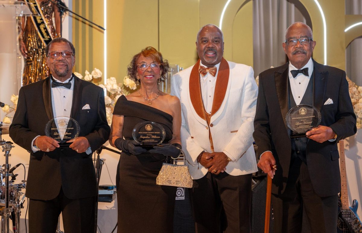 Pictured are the President of Alabama State University standing with the 2024 Living Legend Award recipients (L-R) Leroy Huffman, Jacqueline Williams, Ed.D., President Quinton T. Ross, Ed.D., and former president Leon Howard, Ed.D.