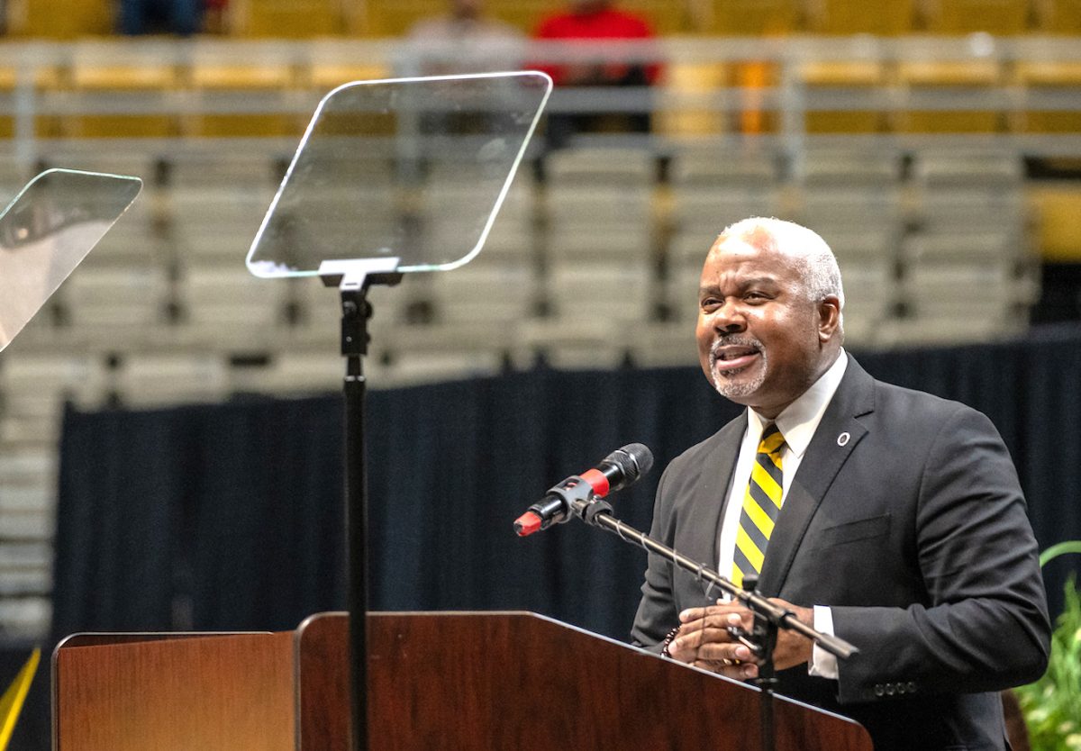 Alabama State University President Quinton T. Ross Jr., Ed.D., delivers the annual State of the University address to hundreds of students, staff and faculty.