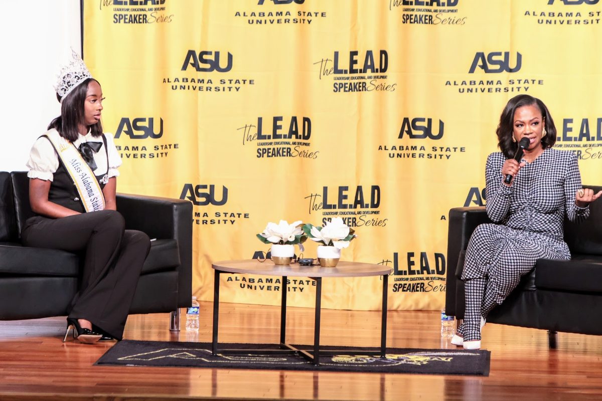 Miss Alabama State University Aarin Carver interviews singer, songwriter, actress, producer and entrepreneur Kandi Burruss during Alabama State University's L.E.A.D. Speaker Series on Nov. 21. 