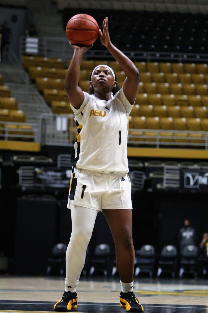 Alabama State University Hornets guard Taylor Smith goes for a pair of free throws in the Dunn-Oliver Acadome. The senior from Fosters, Alabama is almost automatic from the free-throw line as she has made 80% of her free-throws.  