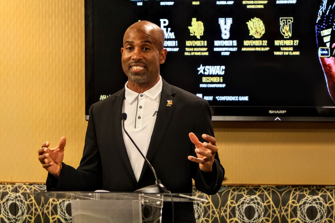 Alabama State University football Head Coach Eddie Robinson Jr. speaks to the audience in the suite of the ASU Stadium as the team signed 29 recruits Feb. 5 on National Signing Day. The Hornets added 11 offensive plays and 18 players on the defensive side of the ball.