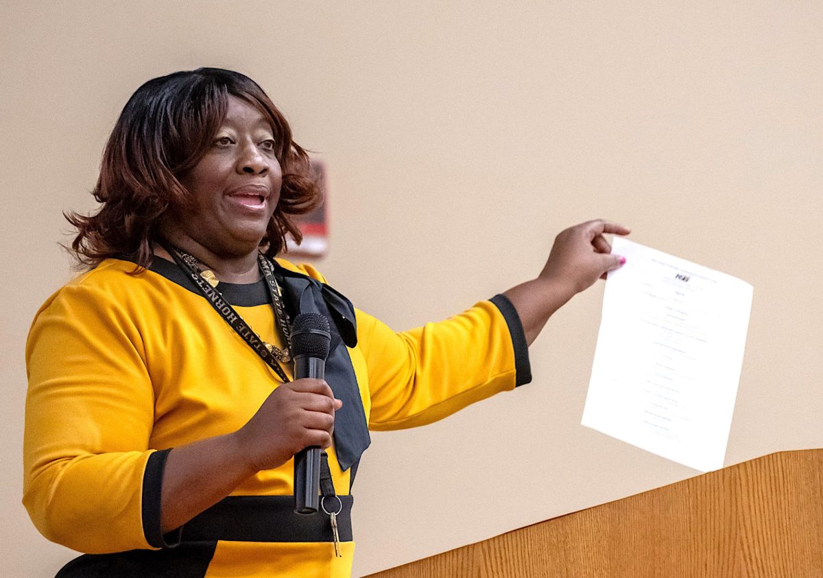 College of Education Program Assistant Ruth Bell took a few minutes during the COE assembly to inform students about the college’s requirements, internship opportunities and professional dress code.