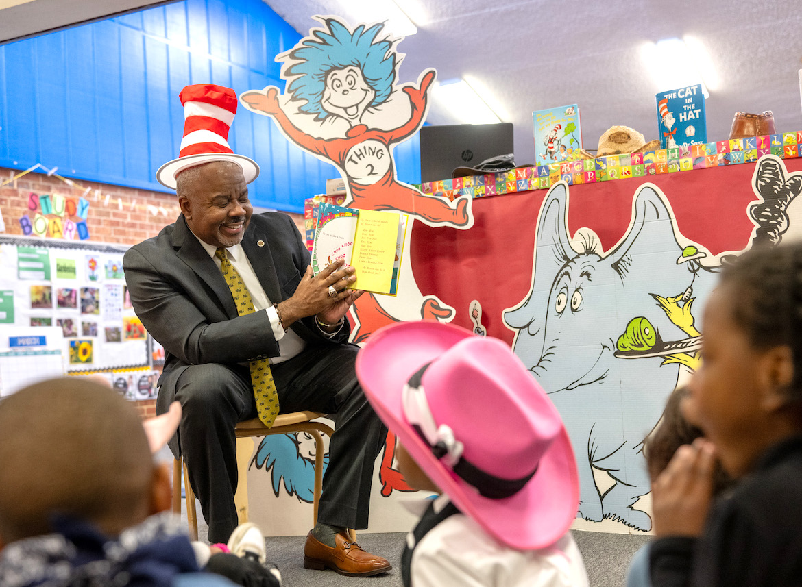 Alabama State University's 15th President, Dr. Quinton T. Ross, Jr. reads to children at ASU's Zelia Stephens Early Childhood Learning Center, Wednesday, March 5, 2025. .The event was part of ASU's ongoing "Read and Rise" program in honor of "Read Across America Week" which celebrates Dr. Seuss.

Photo by David Campbell/Alabama State University