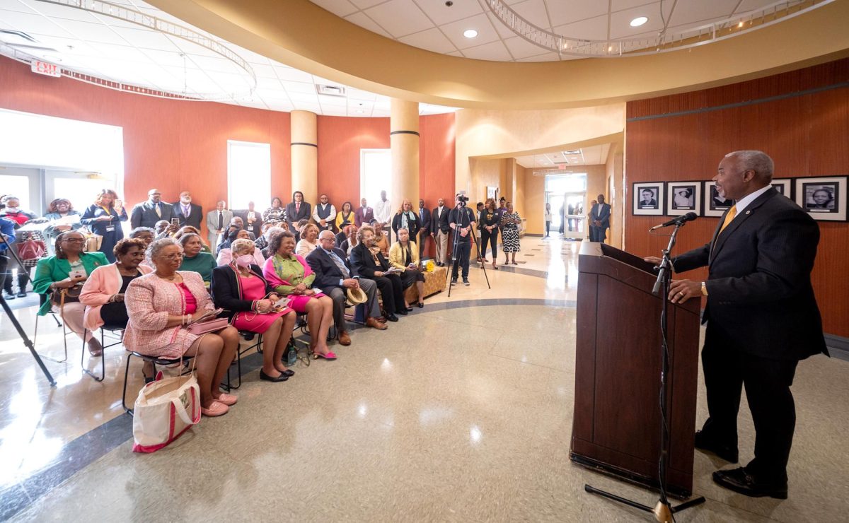 Alabama State University President Quinton T. Ross Jr., Ed.D., greets the audience during the dedication ceremony of the Vivian Watts DeShields Auditorium located in the Ralph David Abernathy Hall. 