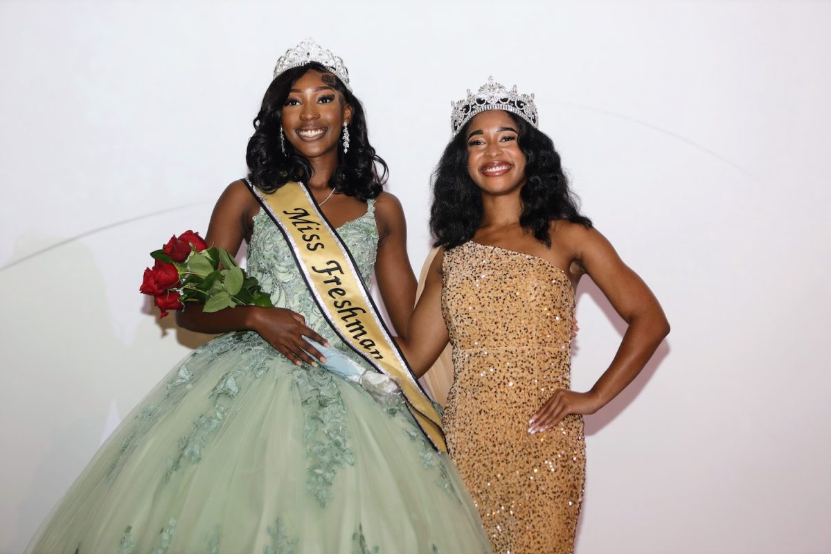 The newly crowned Miss Freshman 2025-26 Arionna Woods (left) a freshman forensic chemistry major from Atlanta, Georgia, takes a moment to pose with her predecessor Miss Freshman 2024-25 Mariama Rogers.
