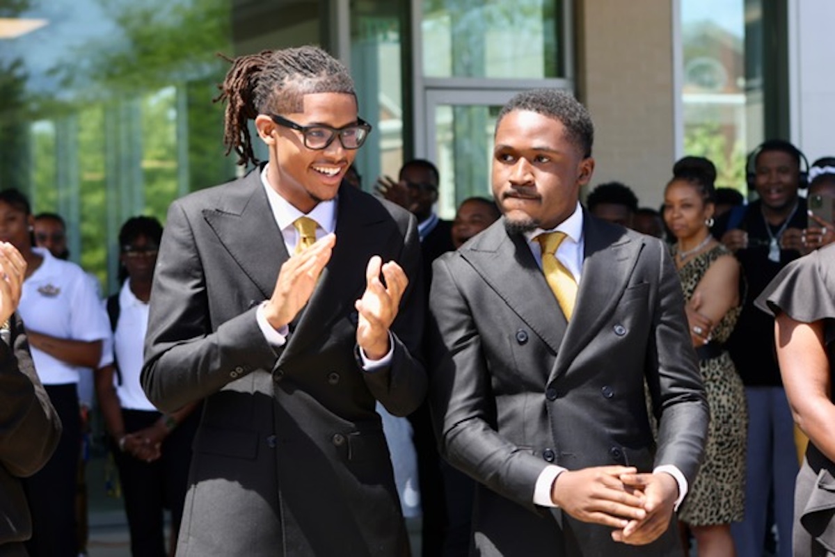 Newly elected Student Government Association President Myles Wilson and Student Government Association Vice President Chancellor Bacon express excitement upon learning that they had won their offices.